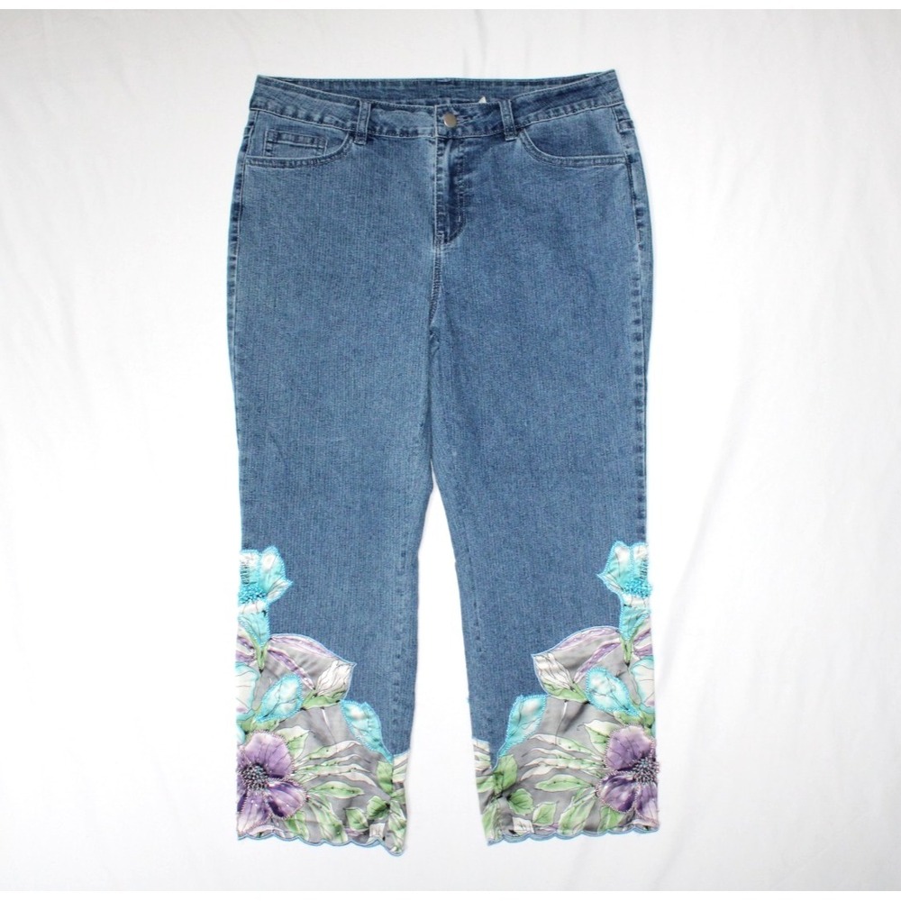Soft Surroundings Nevaeh Floral Beaded Fairy Cropped Denim Jeans Pants Women 10P